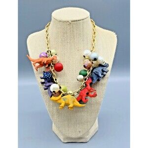 Lenora Dame Blue Moon Dinosaur Chunky Statement Necklace Y2K Novelty Art Vintage